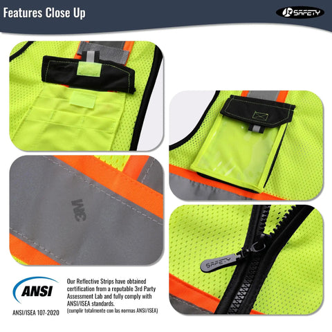 Close-up features of Top Tier High Visibility Reflective Safety Vest Featuring Featherweight Mesh Construction Plus Kickass Fluorescent Panels And Sturdy Reflective Tape To Keep Your Crew Safe On Busy Construction Sites.