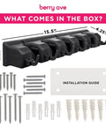 Image of Heavy Duty Broom And Mop Wall Mount Organizer With Five Slots And Six Hooks Wall Mounted Broom Rack, screws, and installation guide.
