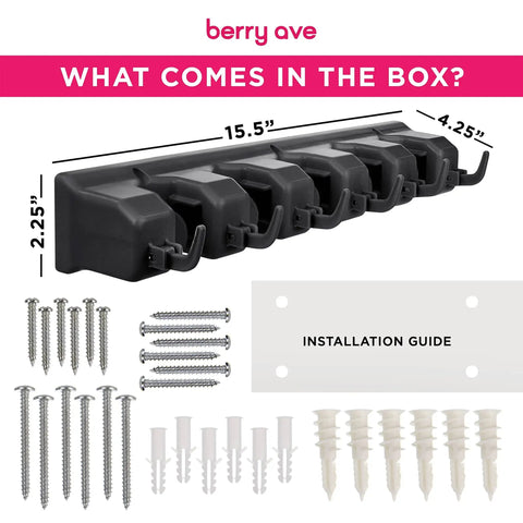 Image of Heavy Duty Broom And Mop Wall Mount Organizer With Five Slots And Six Hooks Wall Mounted Broom Rack, screws, and installation guide.