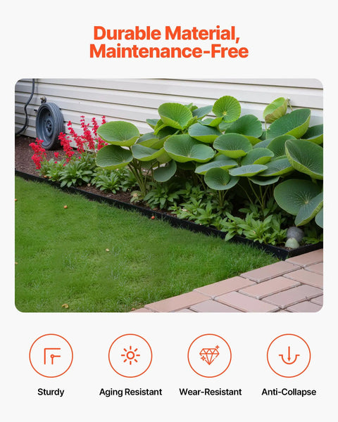 No Dig Garden Edging Border Kit with 60 Spikes, 10 Pieces of 6 Feet Each, Plastic Lawn Edging 1.6 Inches High in a yard setup.