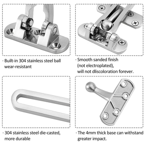 Close-up views of Sturdy Stainless Steel Door Lock Latch For Home And Hotel Security Built Tough With Chain SUS 304 Brushed Finish U Swing Front Door Lock Three Ball Positioning Design For Kid Safe And Easy Install Silver components.