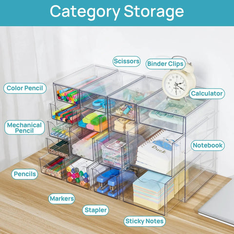 Crystal Clear 16 Drawer Acrylic Organizer Set For Office Supplies, Makeup, Jewelry And Craft Storage on a desk