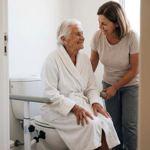 Elderly woman using Built Tough Heavy Duty Toilet Safety Rails With Stable Stainless Steel Frame for support, assisted by caregiver.