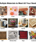 Examples of materials engraved by Laser Master 2 Pro S2 10W Desktop Laser Engraver including wood, acrylic, leather, metal, ceramics, and more.