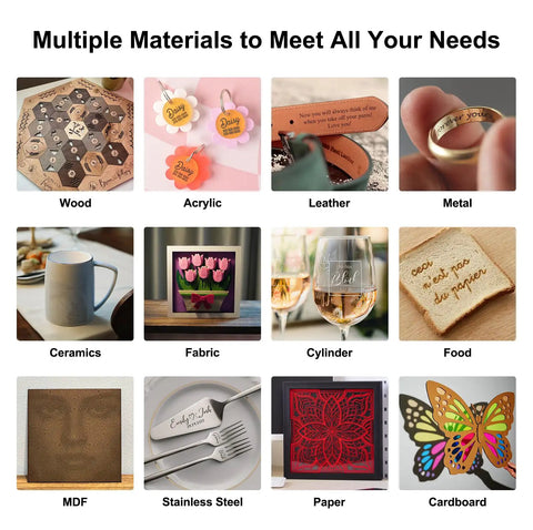 Examples of materials engraved by Laser Master 2 Pro S2 10W Desktop Laser Engraver including wood, acrylic, leather, metal, ceramics, and more.