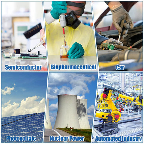 K-Type temperature sensor collage of six industries: semiconductor, biopharmaceutical, car, PV, nuclear, automated