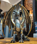 Front view of Dope Steampunk Dragon Statue Resin Sculpture With Gears And Metallic Finish for home decor, 12 inch tall