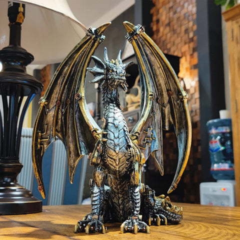 Front view of Dope Steampunk Dragon Statue Resin Sculpture With Gears And Metallic Finish for home decor, 12 inch tall