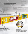 Kickass Heavy Duty Yellow Digital Spirit Level With Blazing Illuminated Readouts And Snappy Acoustic Guidance For Quick Precision Squaring, showing features like end caps and vials.
