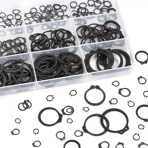 Badass Heavy Duty External Shaft Retaining Ring Assortment Kit With Premium Black Carbon Steel Circlips in organized storage case.