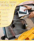 No Fuss Bulk Travel Sewing Crate Featuring Nifty Mini Repair Packs Loaded With Quick Grab Needles and Compact Scissors in a suitcase.