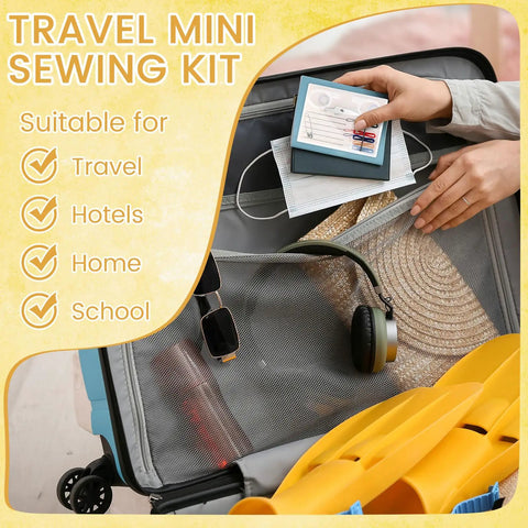 No Fuss Bulk Travel Sewing Crate Featuring Nifty Mini Repair Packs Loaded With Quick Grab Needles and Compact Scissors in a suitcase.