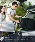 Couple loading luggage into a car trunk, highlighting 2 Pack Luggage Wheels Replacement For Suitcase Roller Trolley Caster Set Includes Screws Not Universal Check Wheel Shape Size And Hole Pitch To Ensure Precise Fit And Smooth Rolling For Travel Luggage In Cars Airports And On Bumpy Roads.