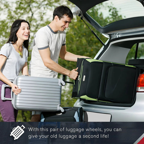 Couple loading luggage into a car trunk, highlighting 2 Pack Luggage Wheels Replacement For Suitcase Roller Trolley Caster Set Includes Screws Not Universal Check Wheel Shape Size And Hole Pitch To Ensure Precise Fit And Smooth Rolling For Travel Luggage In Cars Airports And On Bumpy Roads.
