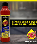 All In One Stop Leak For Engine, Transmission, Power Steering And More, 8 Oz Bottle, Stops Leaks Across Multiple Systems, Rejuvenates Seals, Gaskets And O Rings, Prolonging Lifespan And Preventing Future Leaks. red 8 oz bottle on workshop table