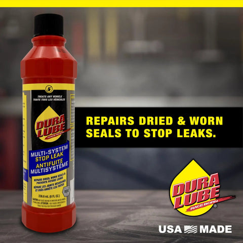 All In One Stop Leak For Engine, Transmission, Power Steering And More, 8 Oz Bottle, Stops Leaks Across Multiple Systems, Rejuvenates Seals, Gaskets And O Rings, Prolonging Lifespan And Preventing Future Leaks. red 8 oz bottle on workshop table