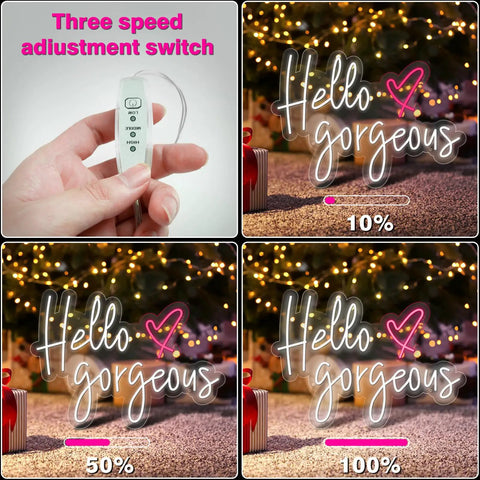 Hello Gorgeous Pink Neon Sign Light For Home Decor And Party Vibes LED Neon Strip with three speed adjustment switch.