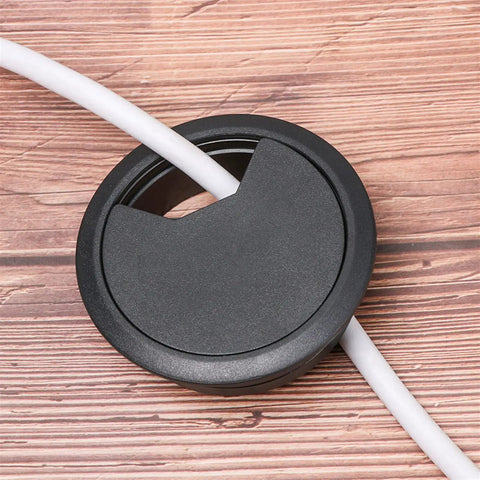 Sleek Desk Grommet Kit For Neat Cable Management Hides Messy Wires Keeps Office Organized And Cool With Durable Polished Finish Perfect For Any Computer Setup Or Modern Workspace black round desk cable grommet with white cord