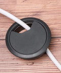 Sturdy Material Desk Grommet Kit For 60mm And 80mm Cables Perfect For Hiding A Mess Of Computer Wires With A Scratch Resistant Polished Finish In Black Gray White Silver Beige Or Dark Brown Styles black desk grommet with cable on wood surface