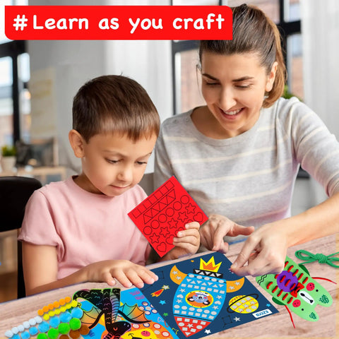 All In One Arts And Crafts Kit For Kids Aged 4 To 8, 21 Kid Friendly Projects Like Felt Masks, 3D Puzzles, Paper Airplanes, Gem Art, Scratch Art And More, Pre Cut Materials And Simple Hands On Step By Step Guides. mother and child making paper craft at table