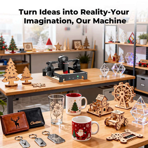 Front view of ACMER S1 laser engraver on desk; black compact desktop engraving/cutting machine with 130×130mm work area