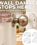 Clear Silicone Door Knob Wall Protectors 2 Inch Flat Profile Self Adhesive Bumpers near a satin nickel doorknob on a wall.