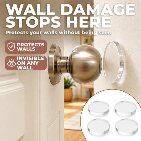 Clear Silicone Door Knob Wall Protectors 2 Inch Flat Profile Self Adhesive Bumpers near a satin nickel doorknob on a wall.