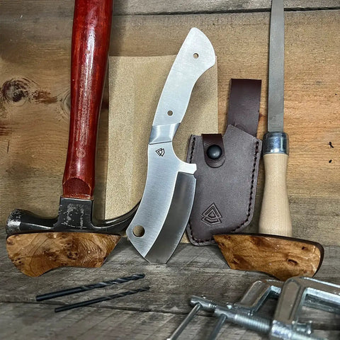 Do It Yourself Cleaver Knife Building Kit With Satin Stainless 8Cr14MoV Blade, fixed blade, leather sheath on wooden background