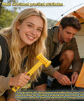 Two campers using Camping Tent Stake Hammer With Puller Ultralight Nine Point Eight Four Inch Mallet Yellow PE Plastic Handle