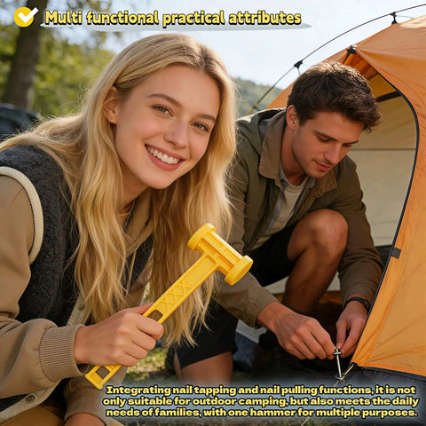 Two campers using Camping Tent Stake Hammer With Puller Ultralight Nine Point Eight Four Inch Mallet Yellow PE Plastic Handle