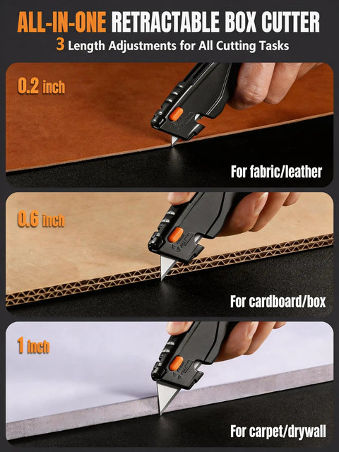 Retractable Box Cutter Knife With Built In Blade Storage And Tool Free Quick Change Includes 15 Sharp SK5 Replacement Blades Heavy Duty Razor Knife For Cardboard Plastic And Paper Craft Projects Black, 3 blade depths