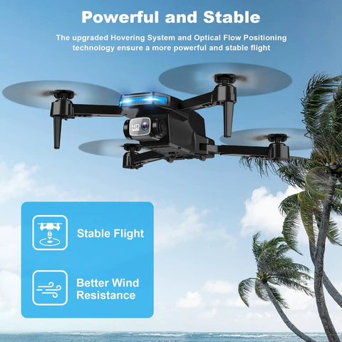 Drone With Camera And Built In Screen On Controller For Beginners in flight, showcasing stability and HD camera, palm trees in background.
