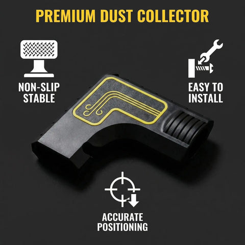Table Saw Dust Collection Adapter With Snap On Dust Port Hook And No Fuss Tool Free Installation For Quick Connect Vacuum Hose Connector Woodworking And Efficient Sawdust Pickup For Shop Vac, shown as a black adapter with a yellow detail on a black background.
