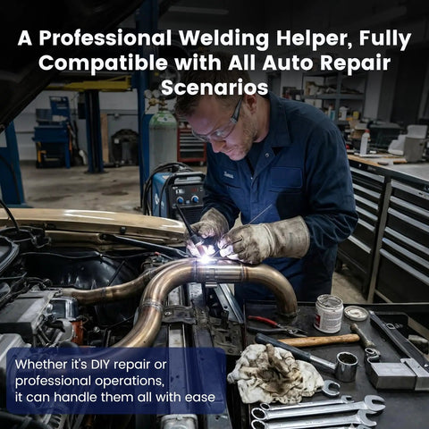 Mechanic using Heavy Duty Exhaust Tacking Band Set, 5 Piece, 304 Stainless Steel, 2 to 4 Inches for TIG welding alignment
