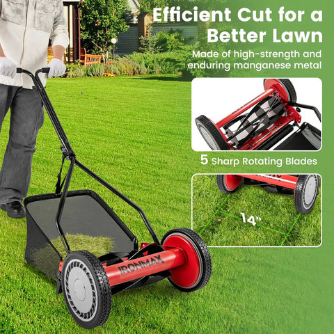 Red 14 Inch 5 Blade Push Reel Mower With Removable Grass Catcher For Small To Medium Yards Durable Steel Blades Clean Cuts Easy Maneuver Quiet Eco Friendly Lawn Care, shown on lawn with bag attached