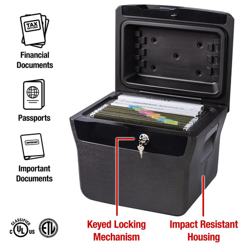 Fireproof And Waterproof Lock Box With Key Lock, Rugged File Safe for docs and small valuables, open showing document storage.
