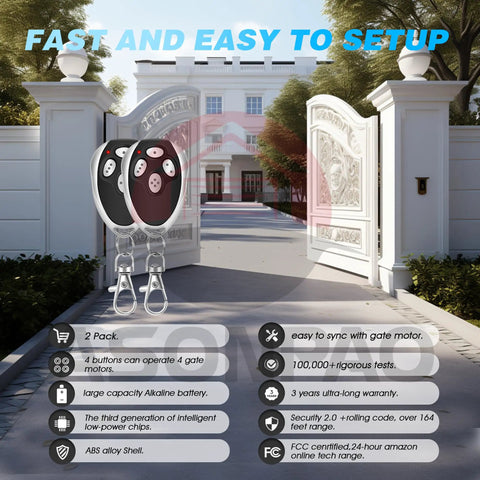 2 Pack LM123 And 2LM123 Gate Opener Remote 43392MHz Compatible With Lockmaster Topens Casar Durable ABS Case FCC Certified Shown with Gate