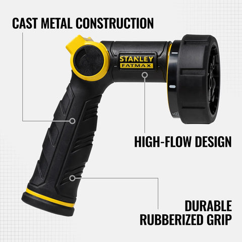 7 Pattern Thumb Control Nozzle With Non Slip Grip Cast Metal Construction On The Fly Flow Adjustment Delivers About 20 Percent More Water Flow Than Competitors Ideal For Yard Garden And Car Wash with black and yellow design.