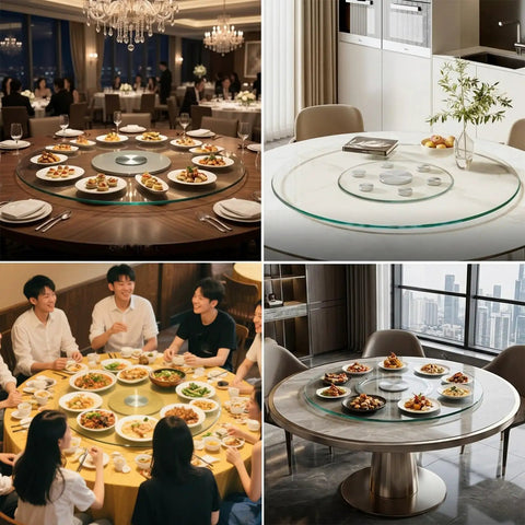 Four scenes of Tempered Glass Round Turntable With Six Wheels Large Lazy Susan Style Serving Tray 360 Degree Silent Rotating Tabletop.