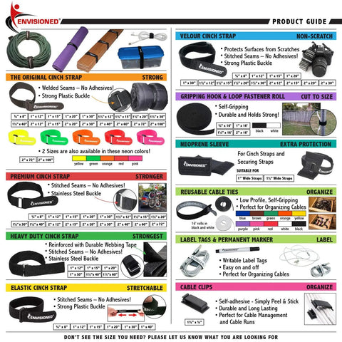 Product guide displaying various types of straps, including Reusable Cinch Straps 2x40 Inches Pack Of 6 Black Heavy Duty Tie Down Straps.