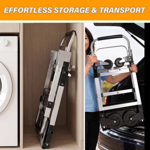 3 In 1 Convertible Hand Truck Folding Aluminum Dolly Cart With 2 Straps, Easy Setup And Smooth Transition Between Modes, Lightweight Yet Built Tough For Moving Boxes, Appliances, And Heavy Loads At Home, Workshop, Or Garage, folded in cabinet and in car trunk