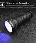 51 LED UV Light Handheld Blacklight 395nm Ultraviolet Flashlight Detects Pet Urine Stains Bed Bugs Scorpions Spots On Rugs Carpets And Clothes Portable Battery Not Included with waterproof protection and blue light glow, IPX4 waterproof rating displayed.