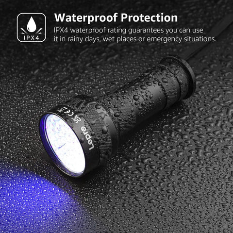 51 LED UV Light Handheld Blacklight 395nm Ultraviolet Flashlight Detects Pet Urine Stains Bed Bugs Scorpions Spots On Rugs Carpets And Clothes Portable Battery Not Included with waterproof protection and blue light glow, IPX4 waterproof rating displayed.