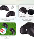 Premium Magnetic Leather Golf Club Head Covers for Irons and Wedges, Set of 10, focus on embroidery and magnetic closure