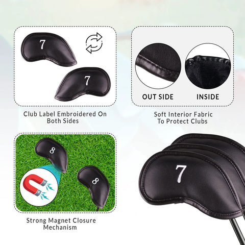 Premium Magnetic Leather Golf Club Head Covers for Irons and Wedges, Set of 10, focus on embroidery and magnetic closure