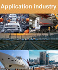 Application industry collage with robotics, trains, ship, and construction site images