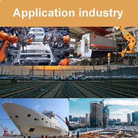 Application industry collage with robotics, trains, ship, and construction site images