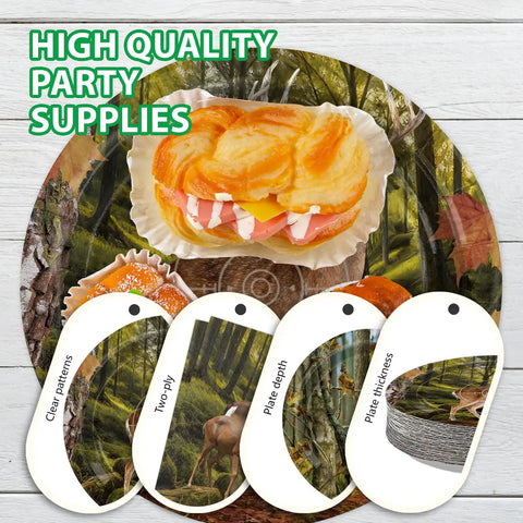 Deer Hunting Party Tableware Set For Men And Women, 250 Pieces Camouflage Forest Theme plate with pastries and quality tags