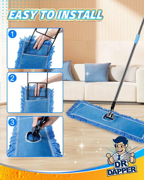 Top Shelf 3 Pack 36 Inch Microfiber Dust Mop Replacement Head installation process showing attachment to mop frame.