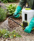Person wearing green heavy duty nitrile glove set, 15 mil chemical-resistant, 13 inch gauntlet with bisque grip, spraying garden